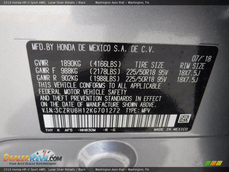 2019 Honda HR-V Sport AWD Lunar Silver Metallic / Black Photo #24