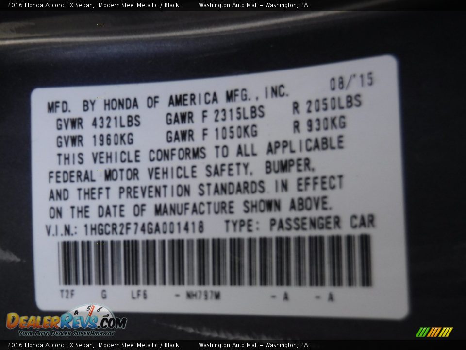 2016 Honda Accord EX Sedan Modern Steel Metallic / Black Photo #25