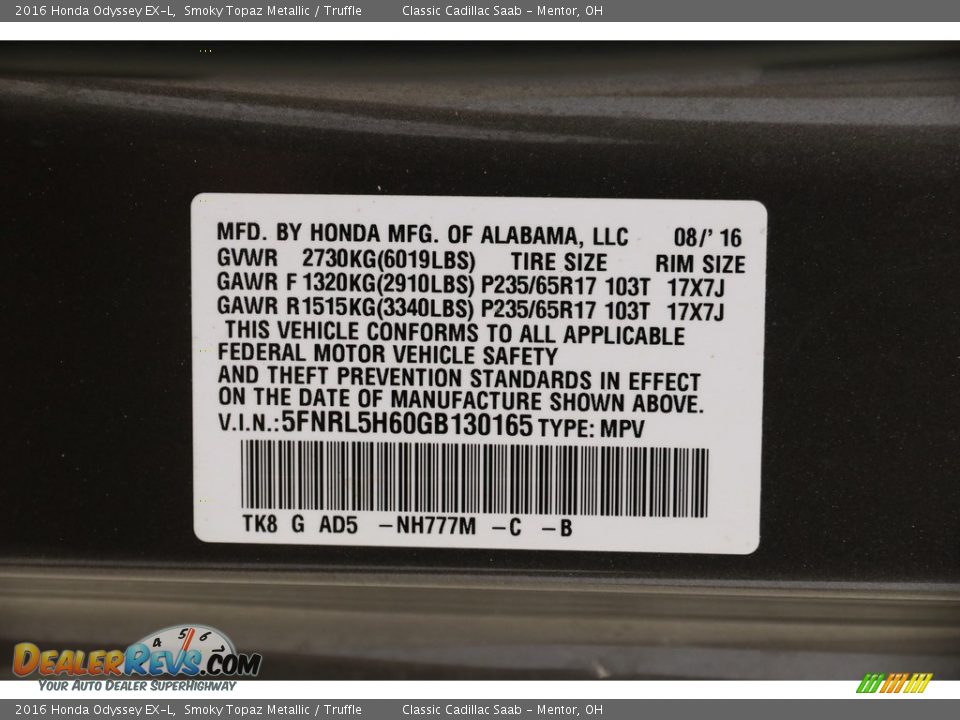 2016 Honda Odyssey EX-L Smoky Topaz Metallic / Truffle Photo #25