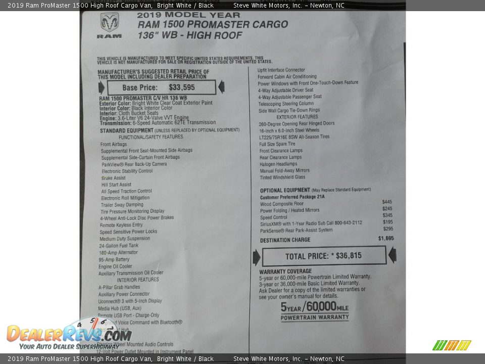 2019 Ram ProMaster 1500 High Roof Cargo Van Bright White / Black Photo #26