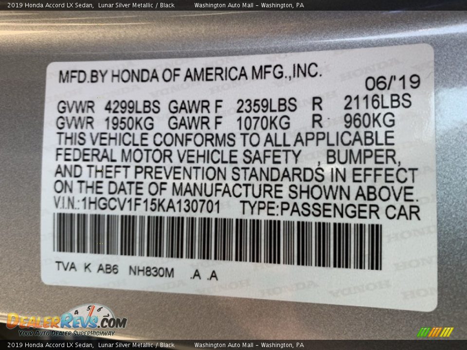 2019 Honda Accord LX Sedan Lunar Silver Metallic / Black Photo #9