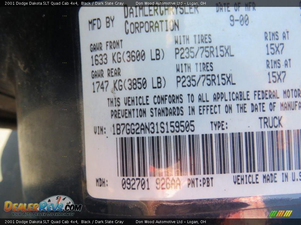 2001 Dodge Dakota SLT Quad Cab 4x4 Black / Dark Slate Gray Photo #31