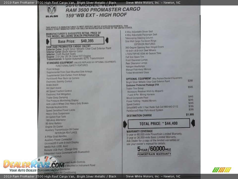 2019 Ram ProMaster 3500 High Roof Cargo Van Bright Silver Metallic / Black Photo #26