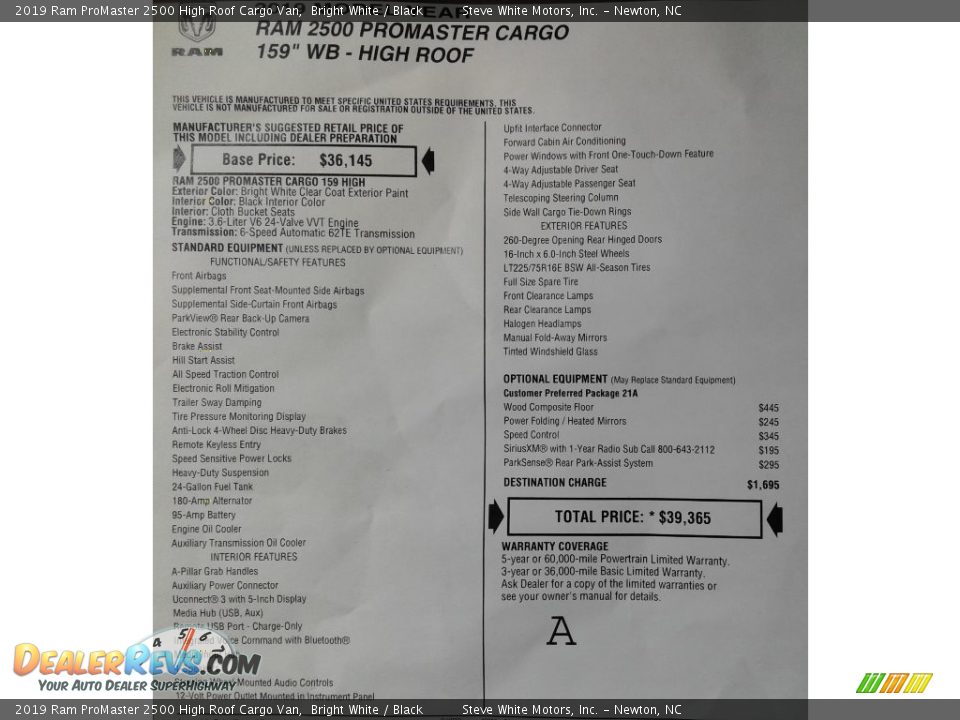 2019 Ram ProMaster 2500 High Roof Cargo Van Bright White / Black Photo #26