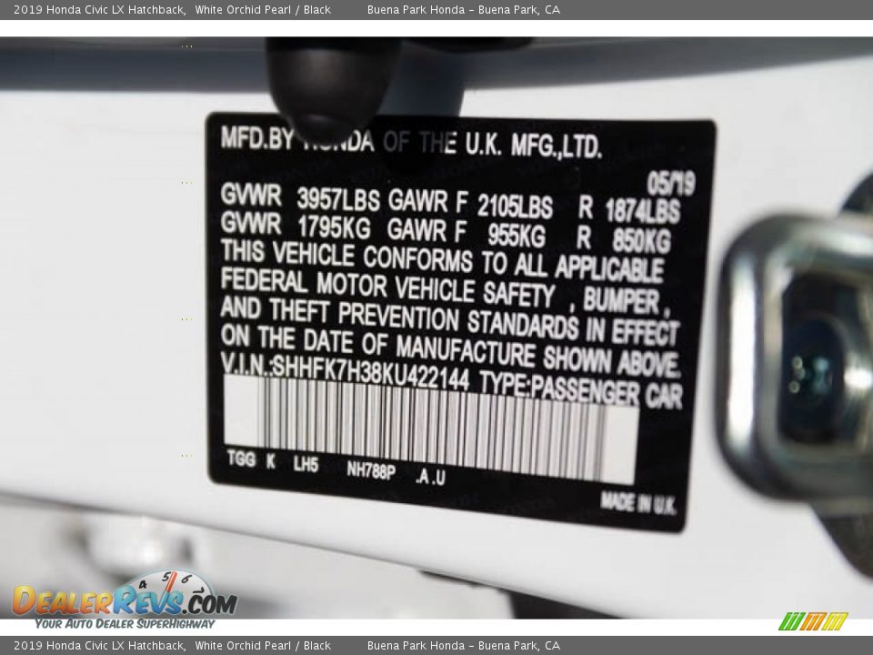 2019 Honda Civic LX Hatchback White Orchid Pearl / Black Photo #28