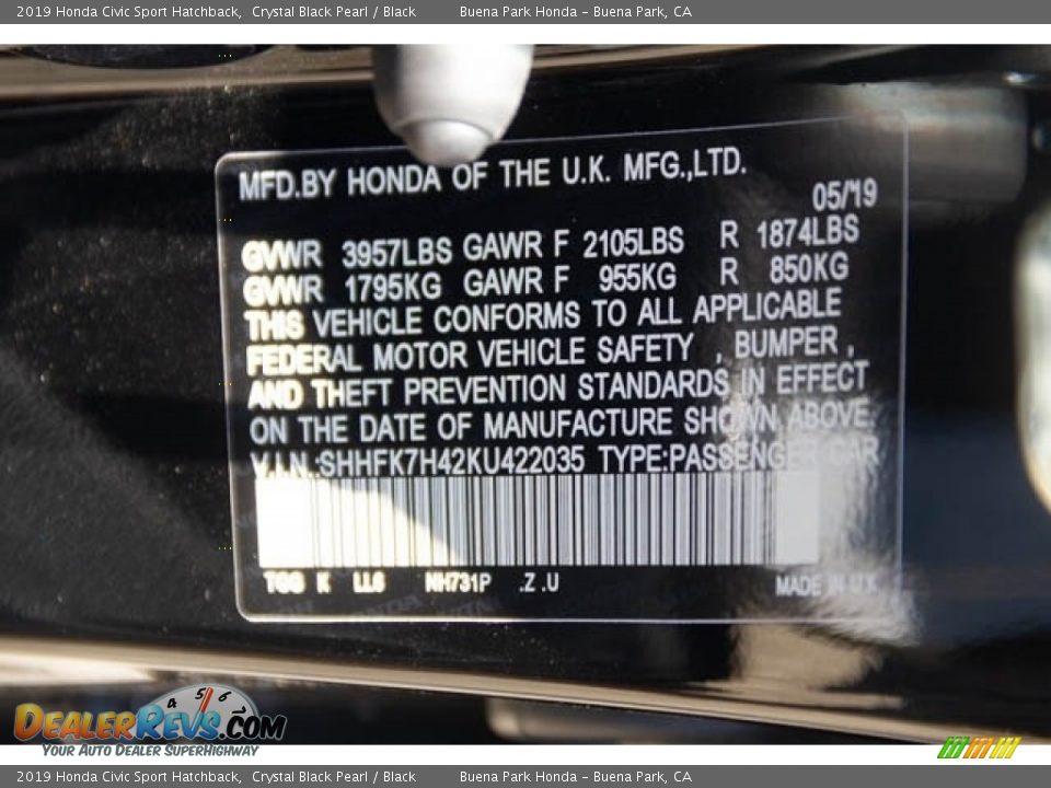 2019 Honda Civic Sport Hatchback Crystal Black Pearl / Black Photo #28