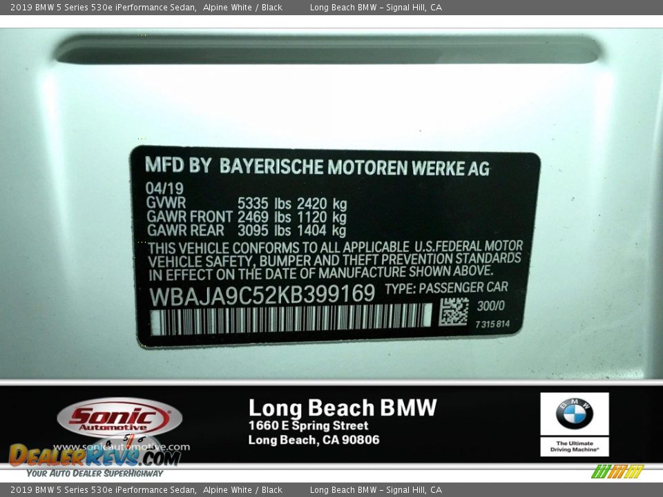 2019 BMW 5 Series 530e iPerformance Sedan Alpine White / Black Photo #11