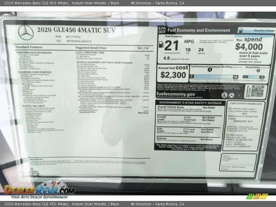 2020 Mercedes-Benz GLE 450 4Matic Window Sticker Photo #10