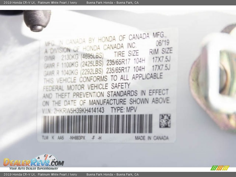 2019 Honda CR-V LX Platinum White Pearl / Ivory Photo #35