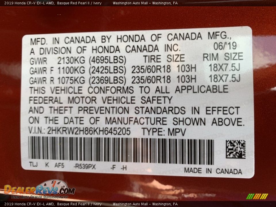 2019 Honda CR-V EX-L AWD Basque Red Pearl II / Ivory Photo #9