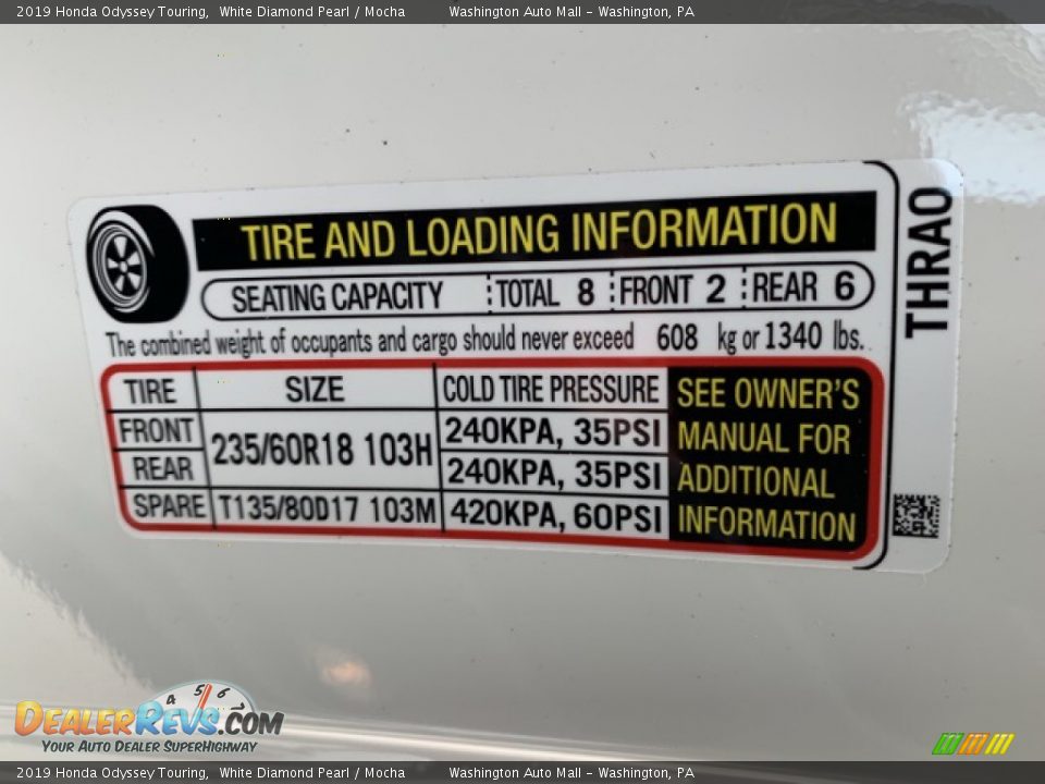 2019 Honda Odyssey Touring White Diamond Pearl / Mocha Photo #8