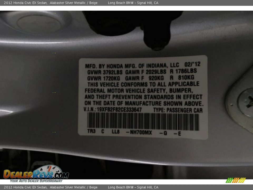2012 Honda Civic EX Sedan Alabaster Silver Metallic / Beige Photo #18