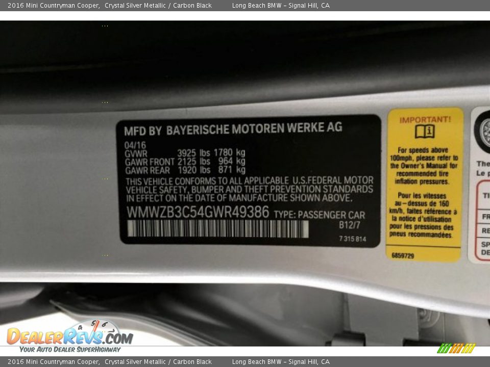 2016 Mini Countryman Cooper Crystal Silver Metallic / Carbon Black Photo #18