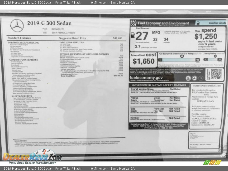 2019 Mercedes-Benz C 300 Sedan Polar White / Black Photo #10