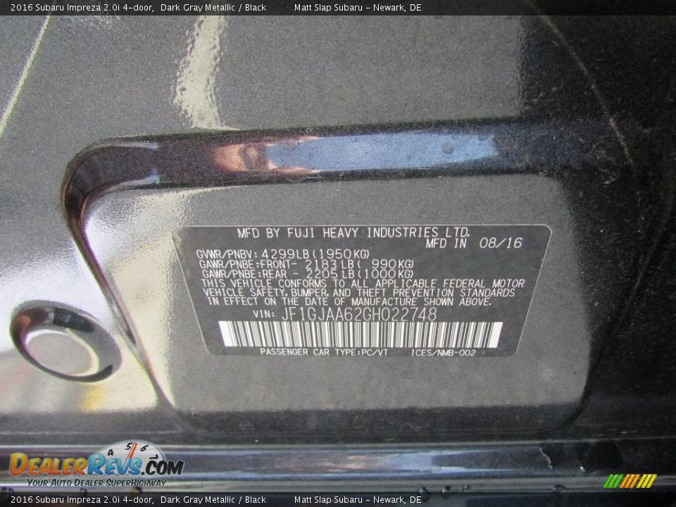 2016 Subaru Impreza 2.0i 4-door Dark Gray Metallic / Black Photo #29
