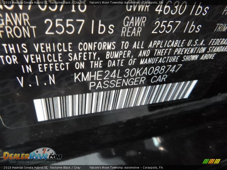 2019 Hyundai Sonata Hybrid SE Nocturne Black / Gray Photo #12