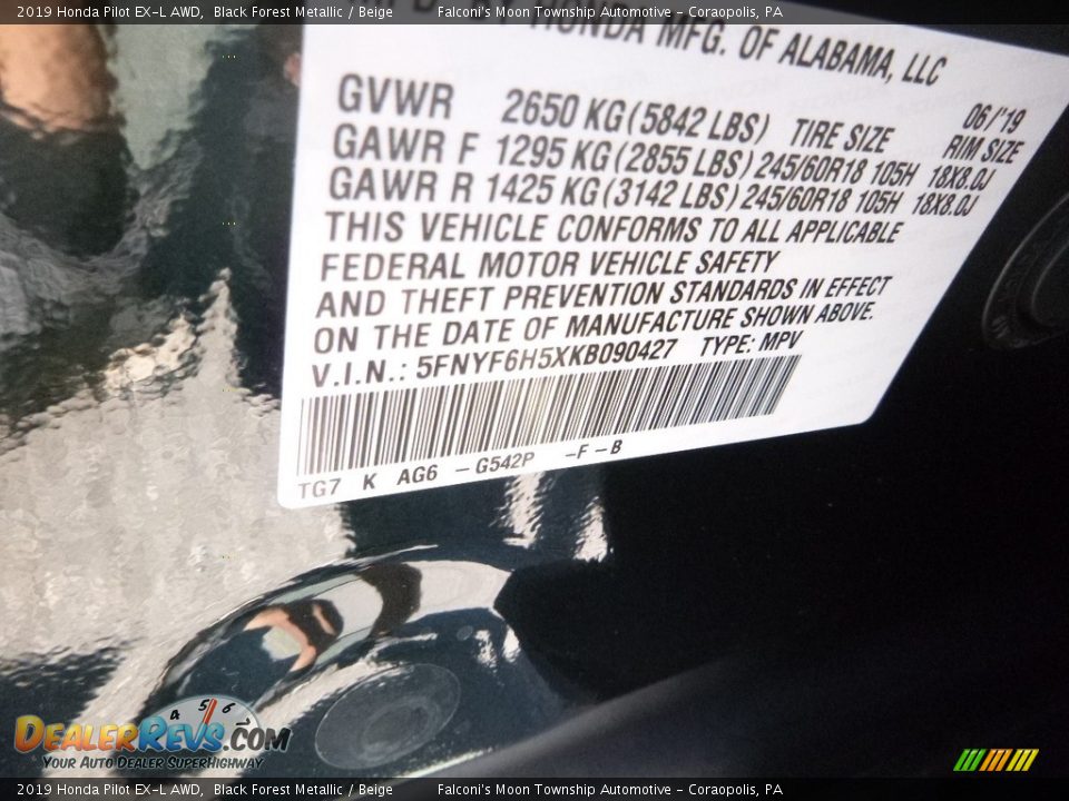 2019 Honda Pilot EX-L AWD Black Forest Metallic / Beige Photo #12