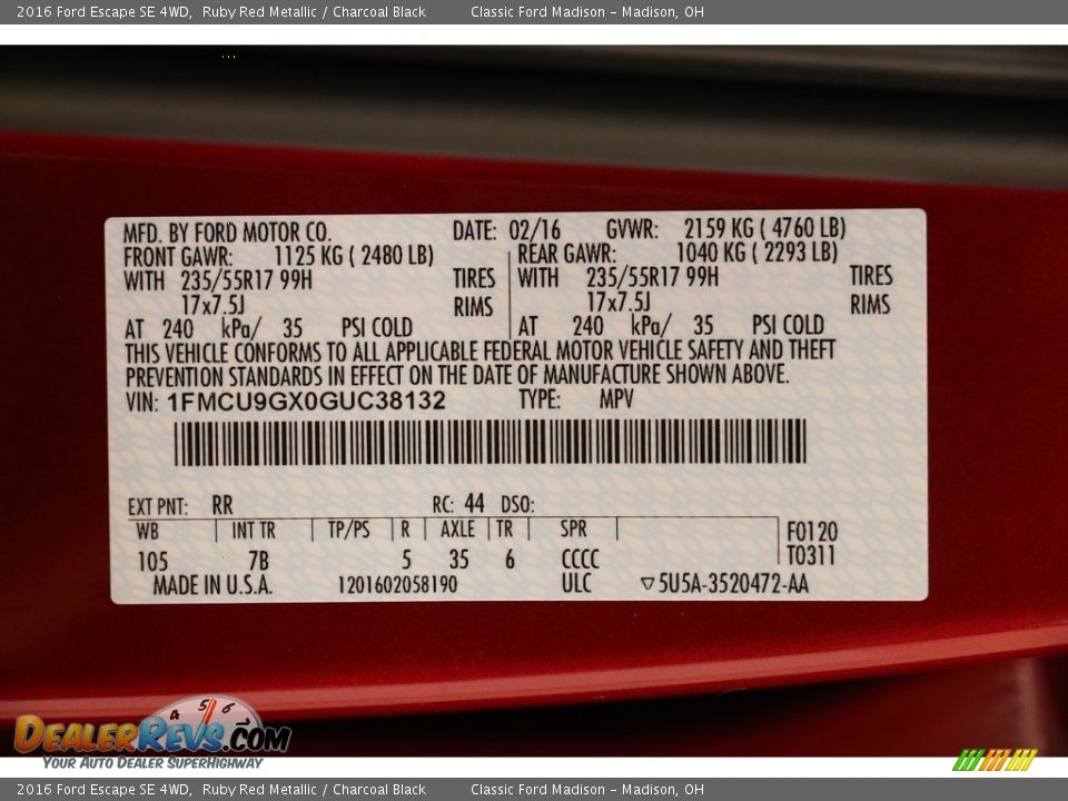 2016 Ford Escape SE 4WD Ruby Red Metallic / Charcoal Black Photo #20