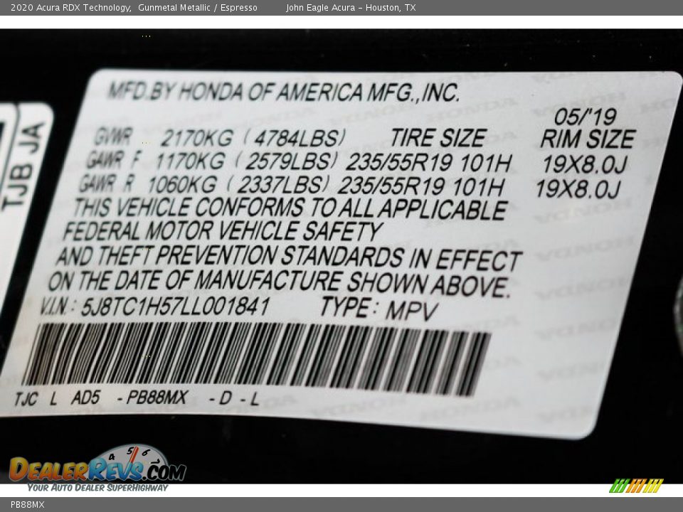 Acura Color Code PB88MX Gunmetal Metallic