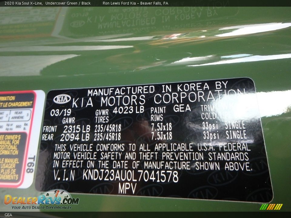 Kia Color Code GEA Undercover Green
