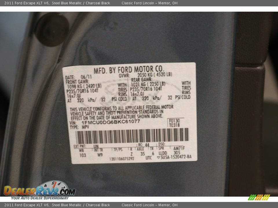 2011 Ford Escape XLT V6 Steel Blue Metallic / Charcoal Black Photo #19