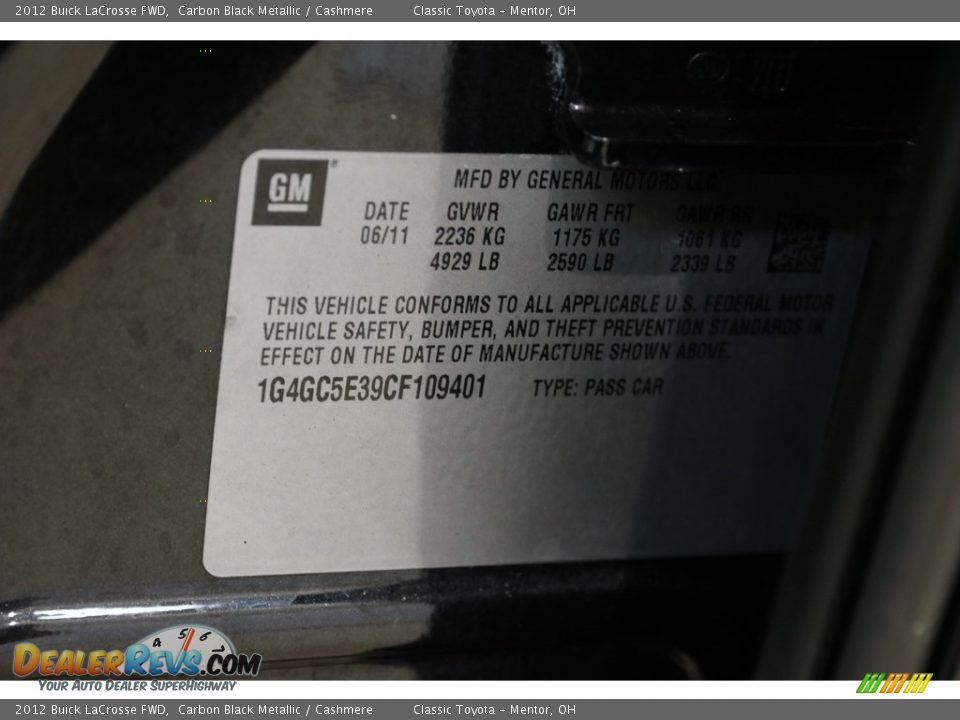 2012 Buick LaCrosse FWD Carbon Black Metallic / Cashmere Photo #21