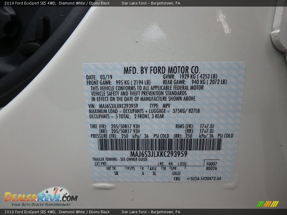 2019 Ford EcoSport SES 4WD Diamond White / Ebony Black Photo #10
