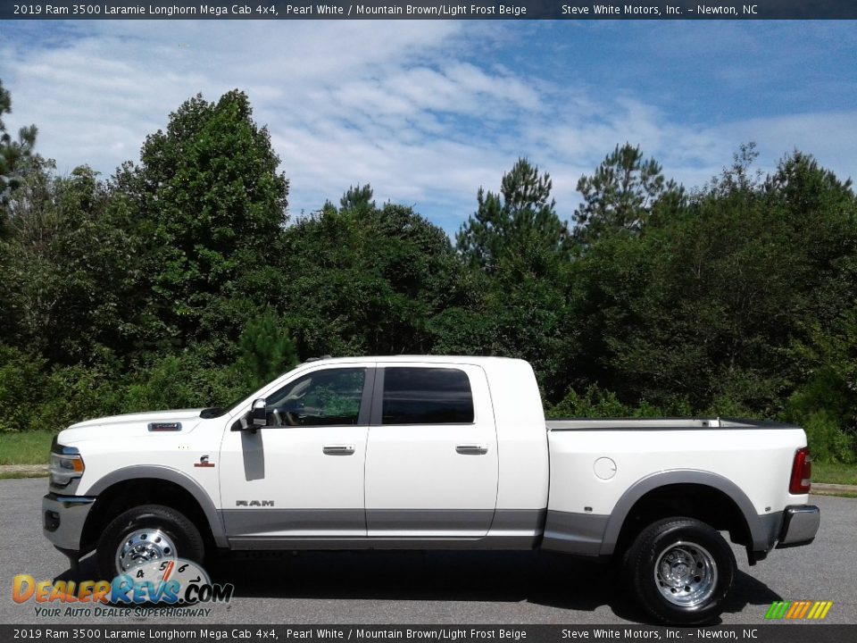 2019 Ram 3500 Laramie Longhorn Mega Cab 4x4 Pearl White / Mountain Brown/Light Frost Beige Photo #1