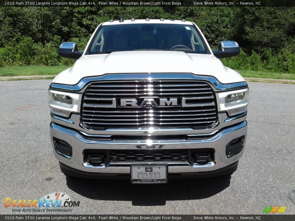 2019 Ram 3500 Laramie Longhorn Mega Cab 4x4 Pearl White / Mountain Brown/Light Frost Beige Photo #3
