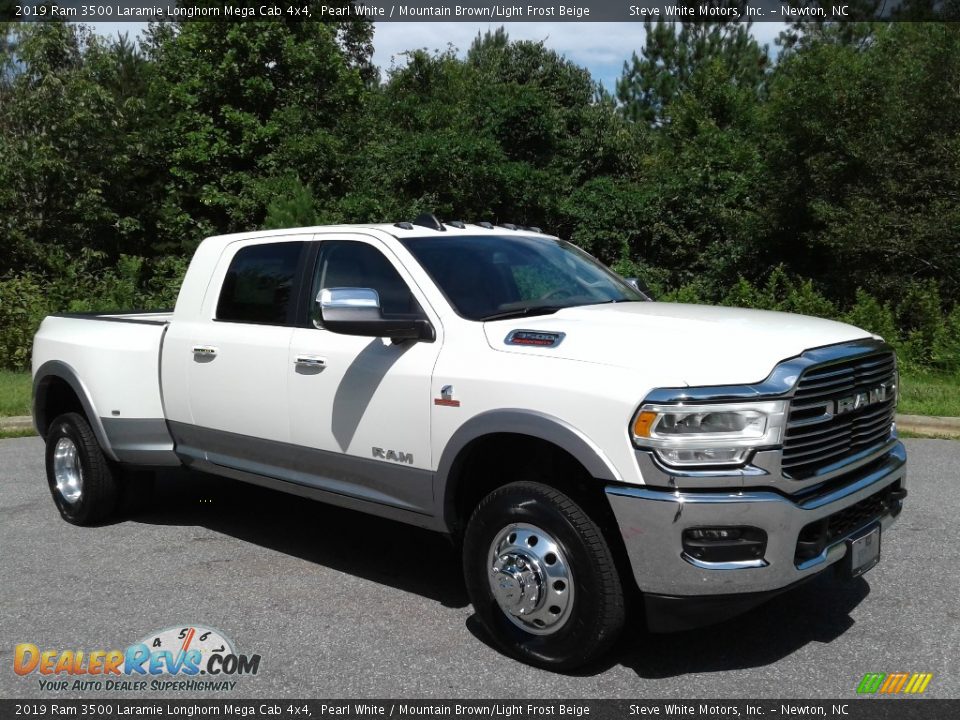 2019 Ram 3500 Laramie Longhorn Mega Cab 4x4 Pearl White / Mountain Brown/Light Frost Beige Photo #4