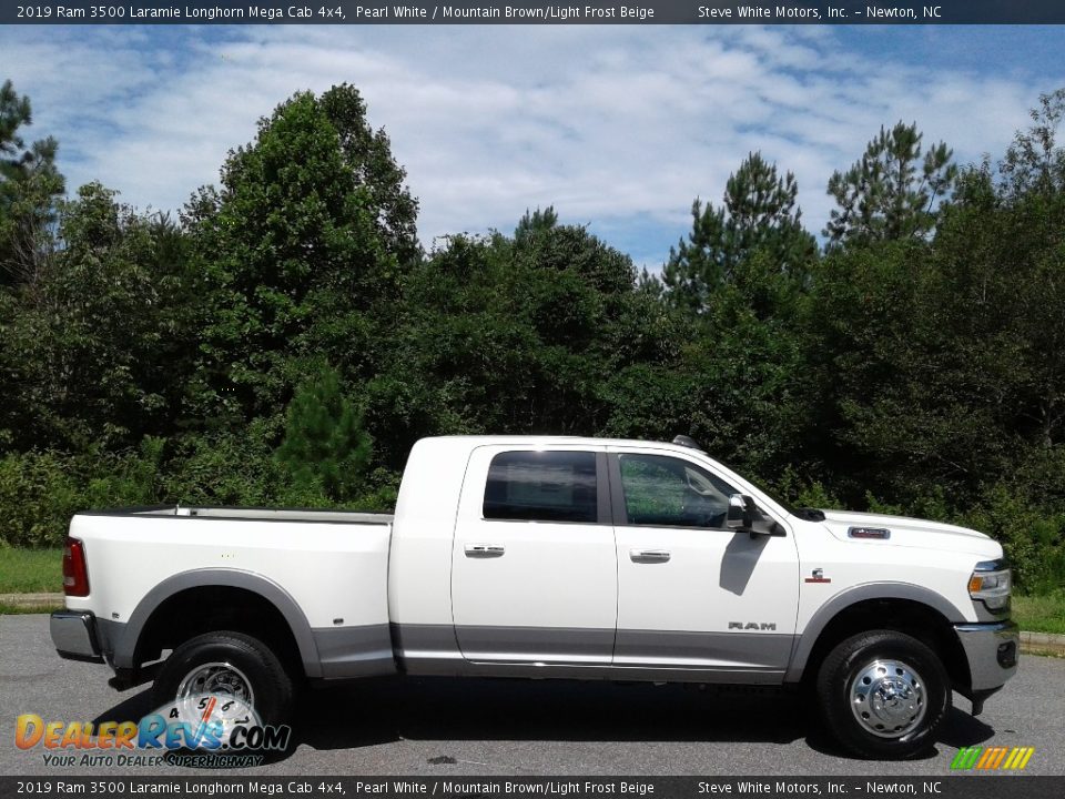 2019 Ram 3500 Laramie Longhorn Mega Cab 4x4 Pearl White / Mountain Brown/Light Frost Beige Photo #5
