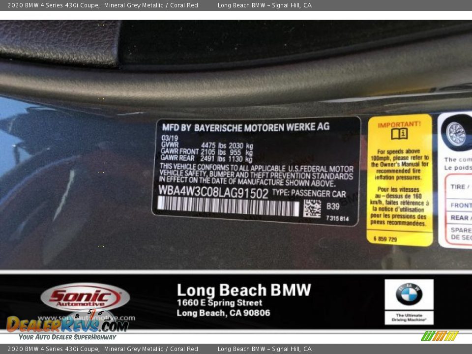 2020 BMW 4 Series 430i Coupe Mineral Grey Metallic / Coral Red Photo #11
