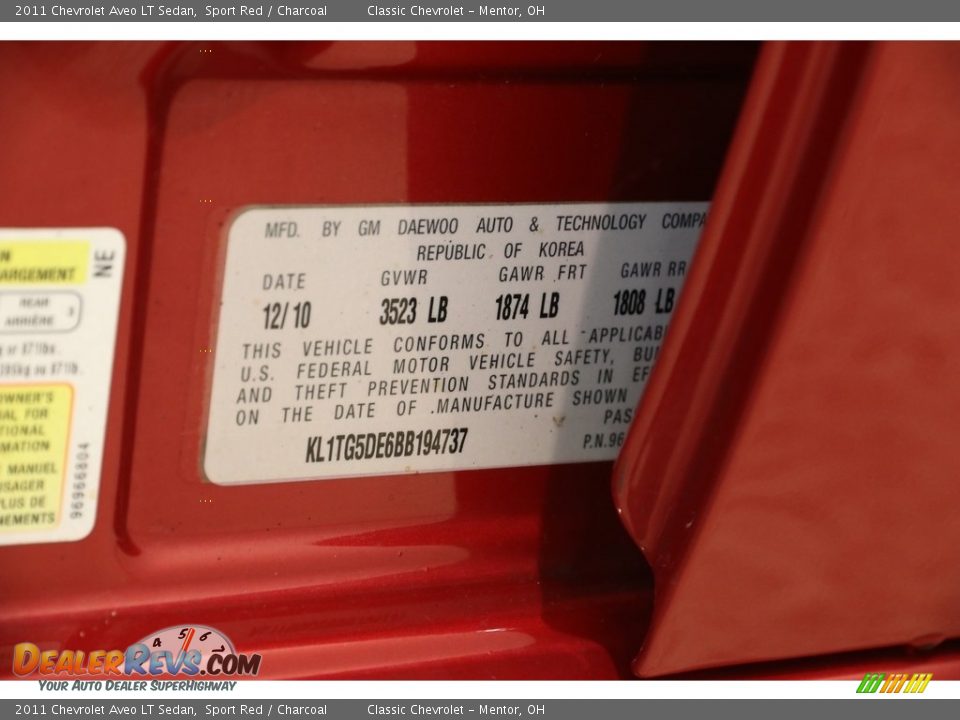 2011 Chevrolet Aveo LT Sedan Sport Red / Charcoal Photo #19