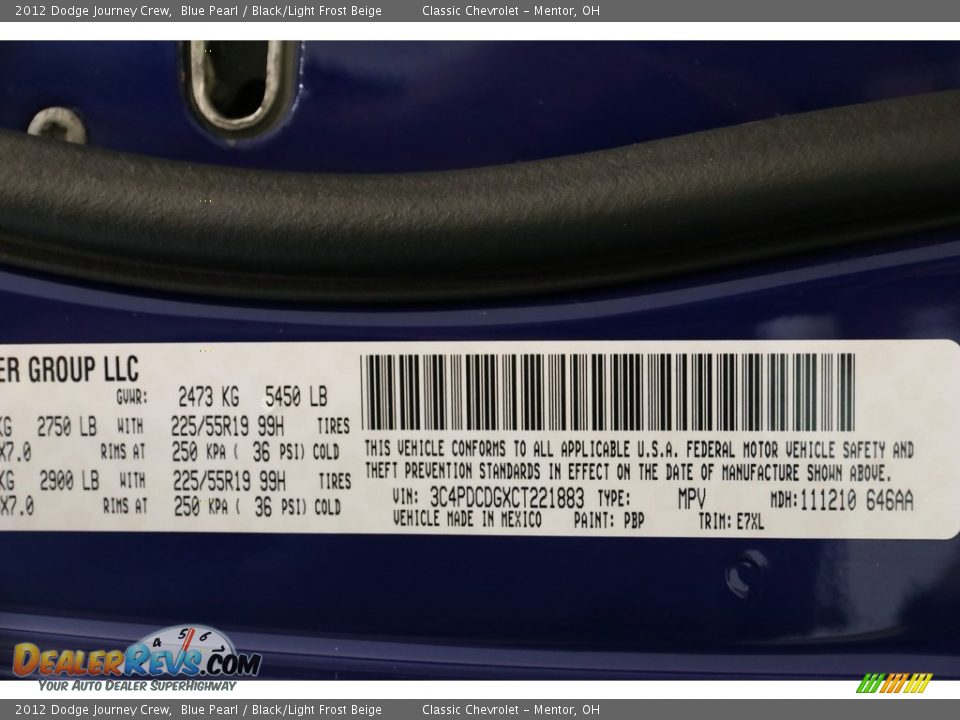 2012 Dodge Journey Crew Blue Pearl / Black/Light Frost Beige Photo #21