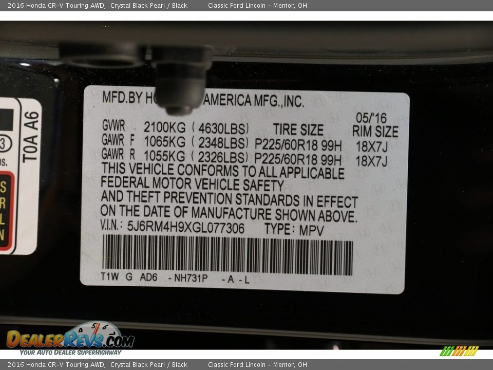 2016 Honda CR-V Touring AWD Crystal Black Pearl / Black Photo #26