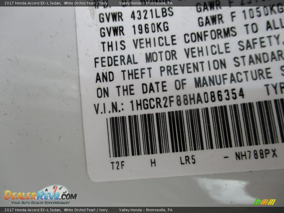 2017 Honda Accord EX-L Sedan White Orchid Pearl / Ivory Photo #19