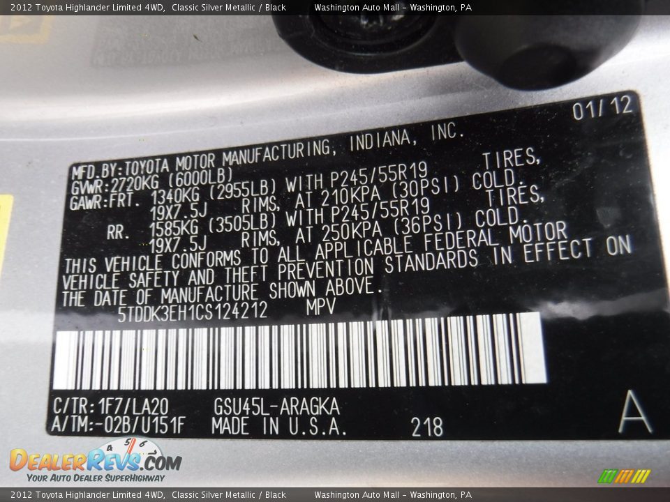 2012 Toyota Highlander Limited 4WD Classic Silver Metallic / Black Photo #27