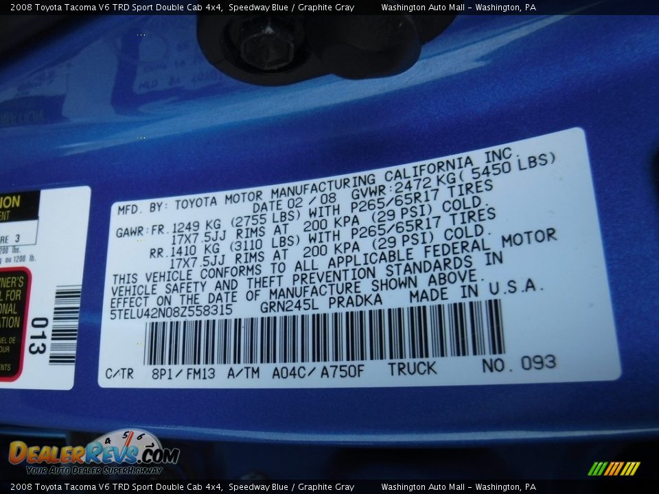 2008 Toyota Tacoma V6 TRD Sport Double Cab 4x4 Speedway Blue / Graphite Gray Photo #24