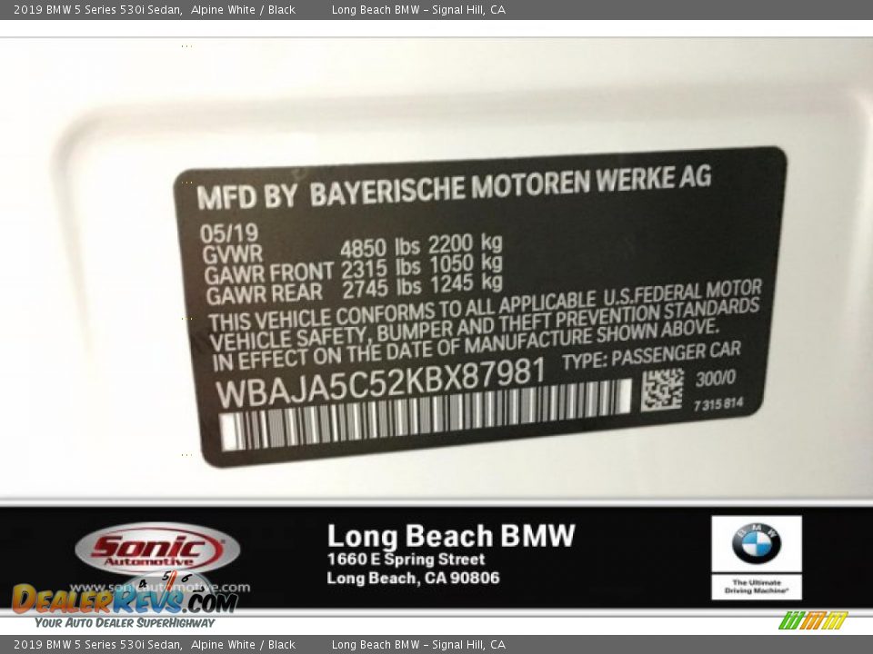 2019 BMW 5 Series 530i Sedan Alpine White / Black Photo #11