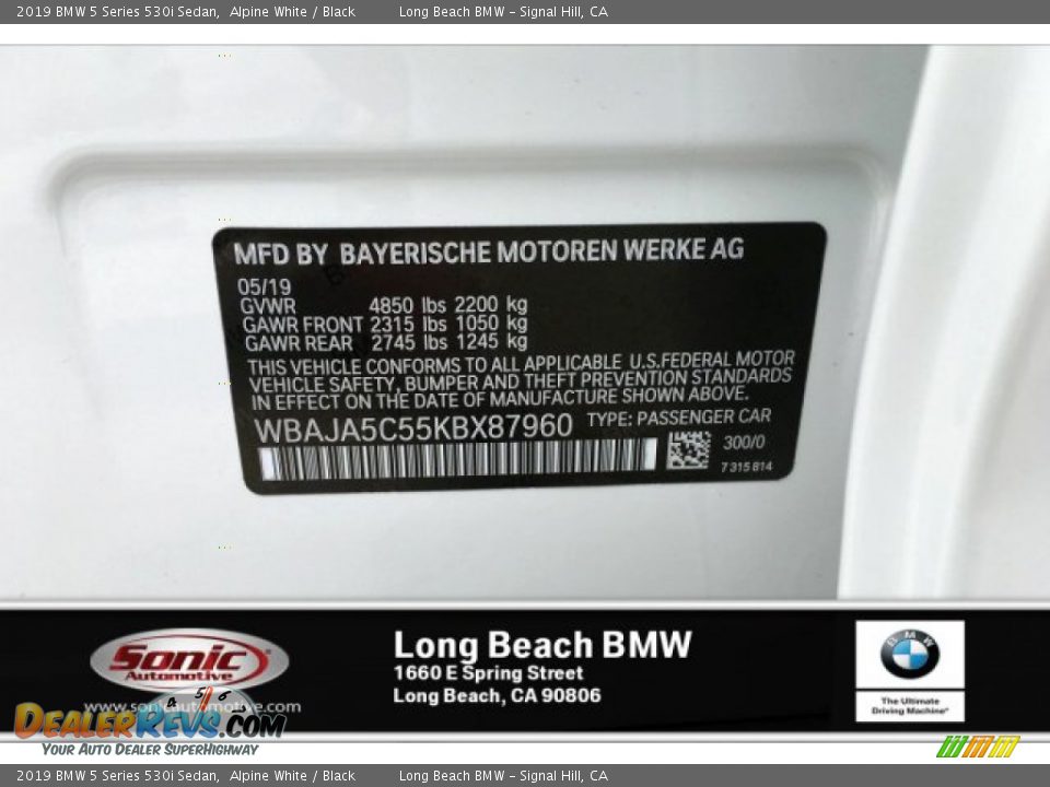 2019 BMW 5 Series 530i Sedan Alpine White / Black Photo #11