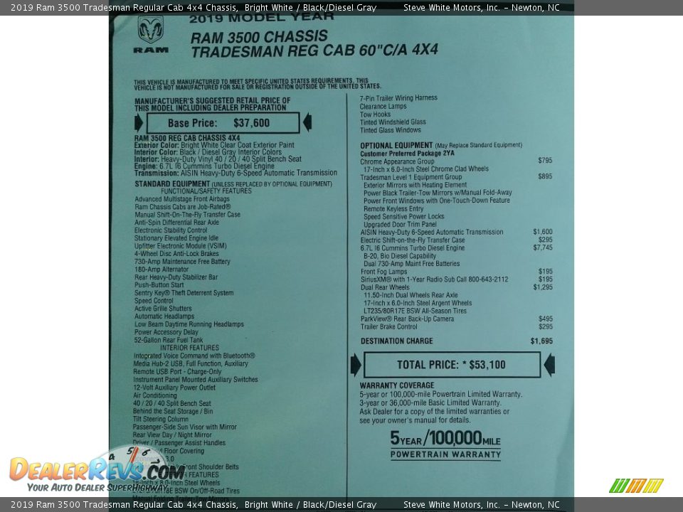 2019 Ram 3500 Tradesman Regular Cab 4x4 Chassis Bright White / Black/Diesel Gray Photo #27