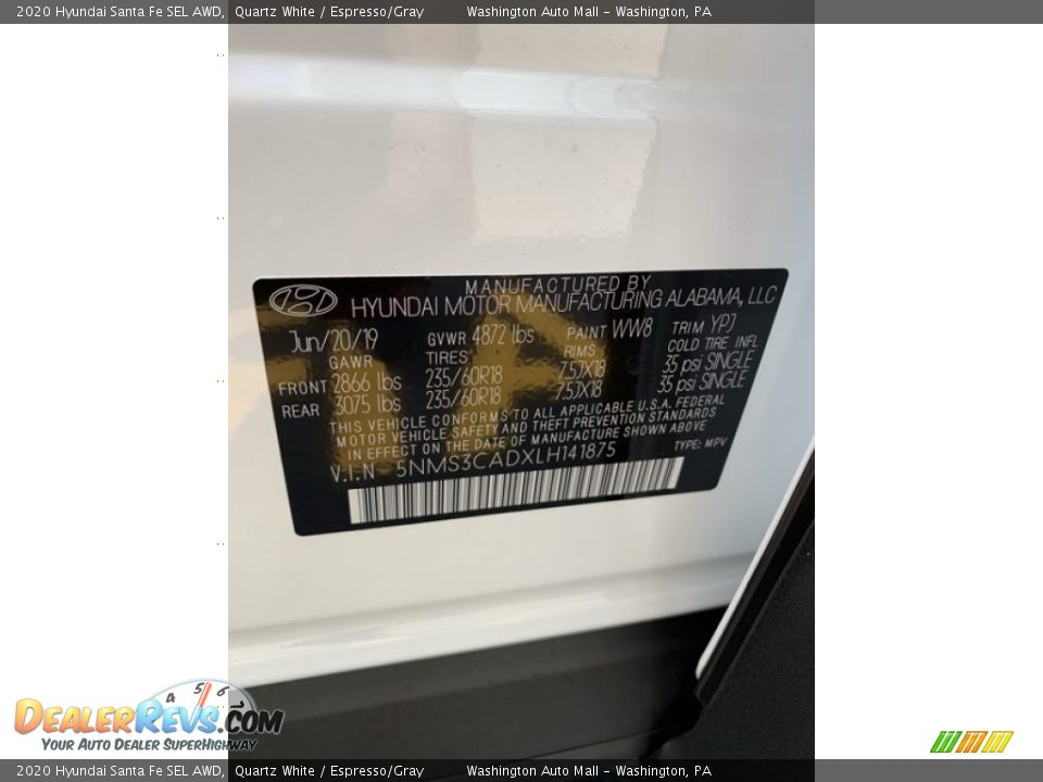 2020 Hyundai Santa Fe SEL AWD Quartz White / Espresso/Gray Photo #10
