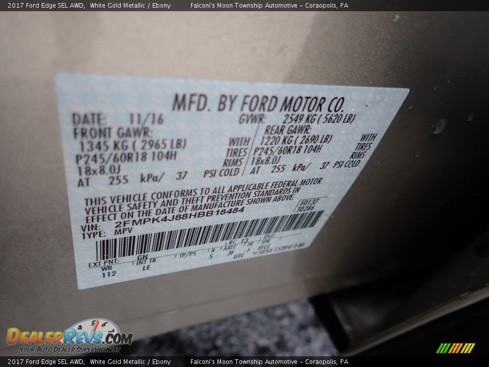 2017 Ford Edge SEL AWD White Gold Metallic / Ebony Photo #23
