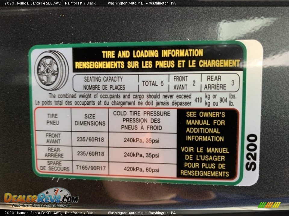 Info Tag of 2020 Hyundai Santa Fe SEL AWD Photo #9