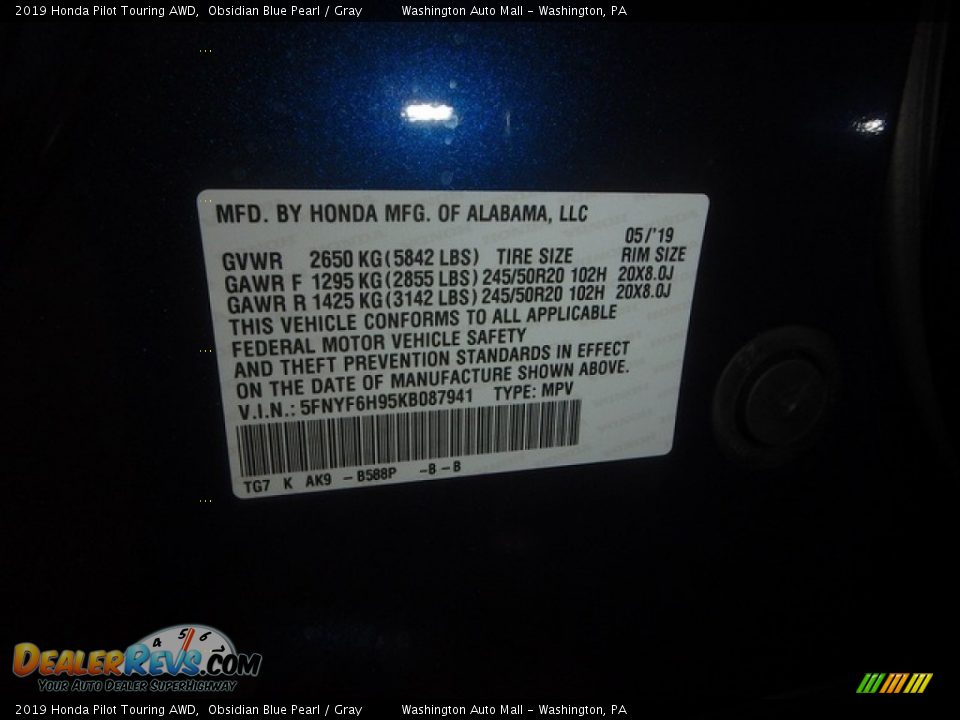 2019 Honda Pilot Touring AWD Obsidian Blue Pearl / Gray Photo #10