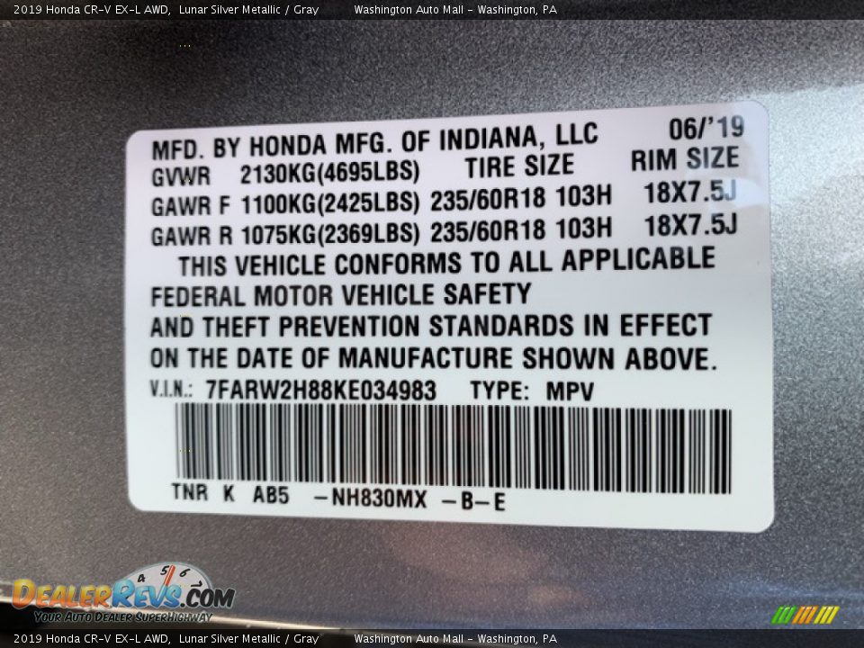 2019 Honda CR-V EX-L AWD Lunar Silver Metallic / Gray Photo #9