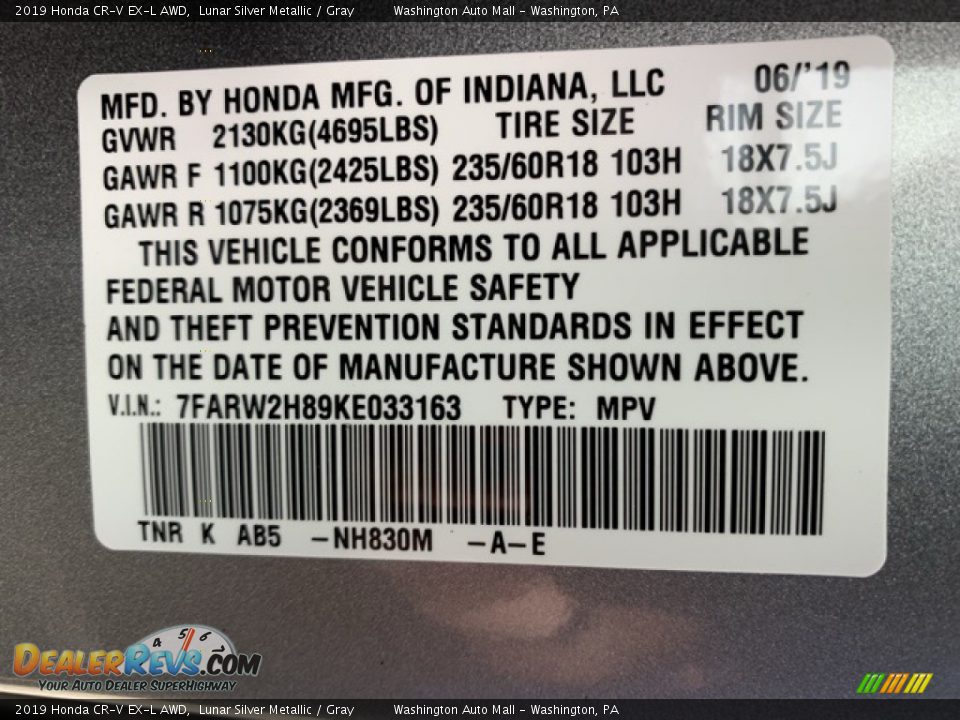 2019 Honda CR-V EX-L AWD Lunar Silver Metallic / Gray Photo #9