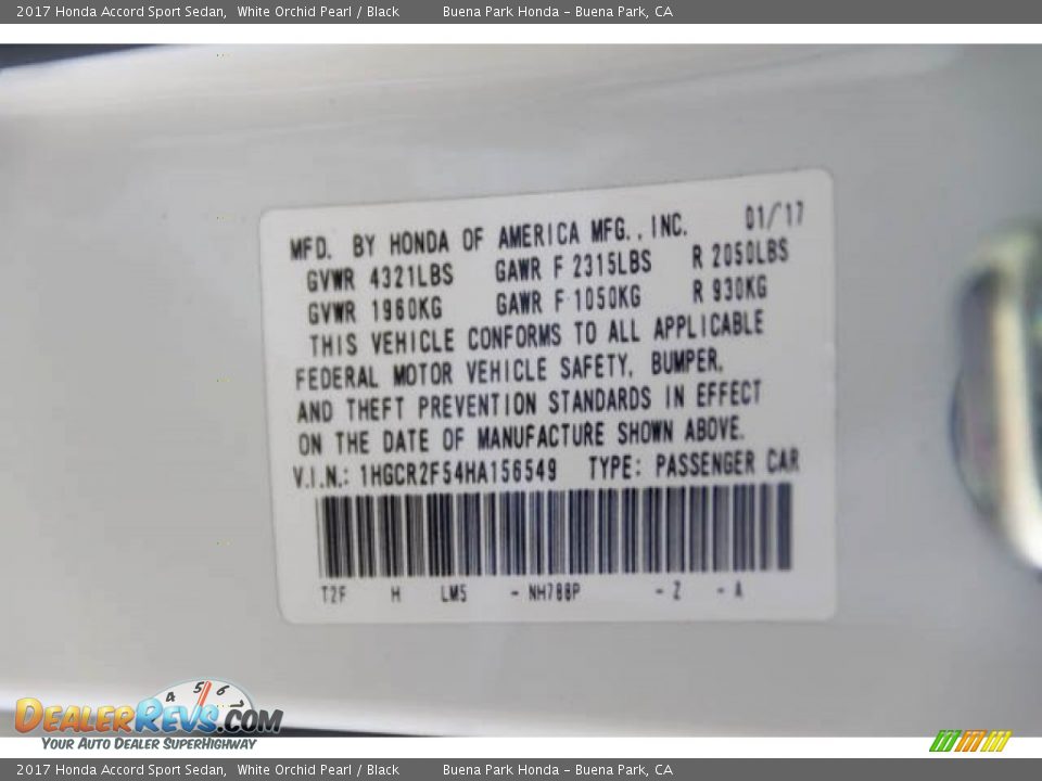 2017 Honda Accord Sport Sedan White Orchid Pearl / Black Photo #35