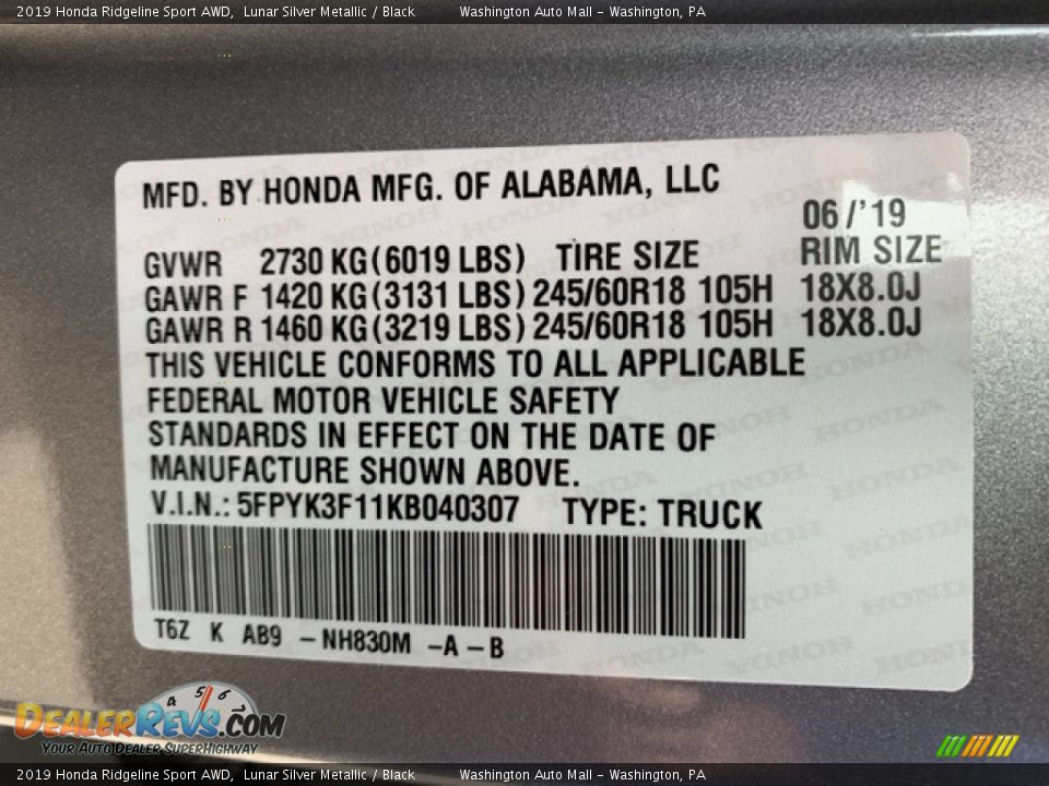 2019 Honda Ridgeline Sport AWD Lunar Silver Metallic / Black Photo #9