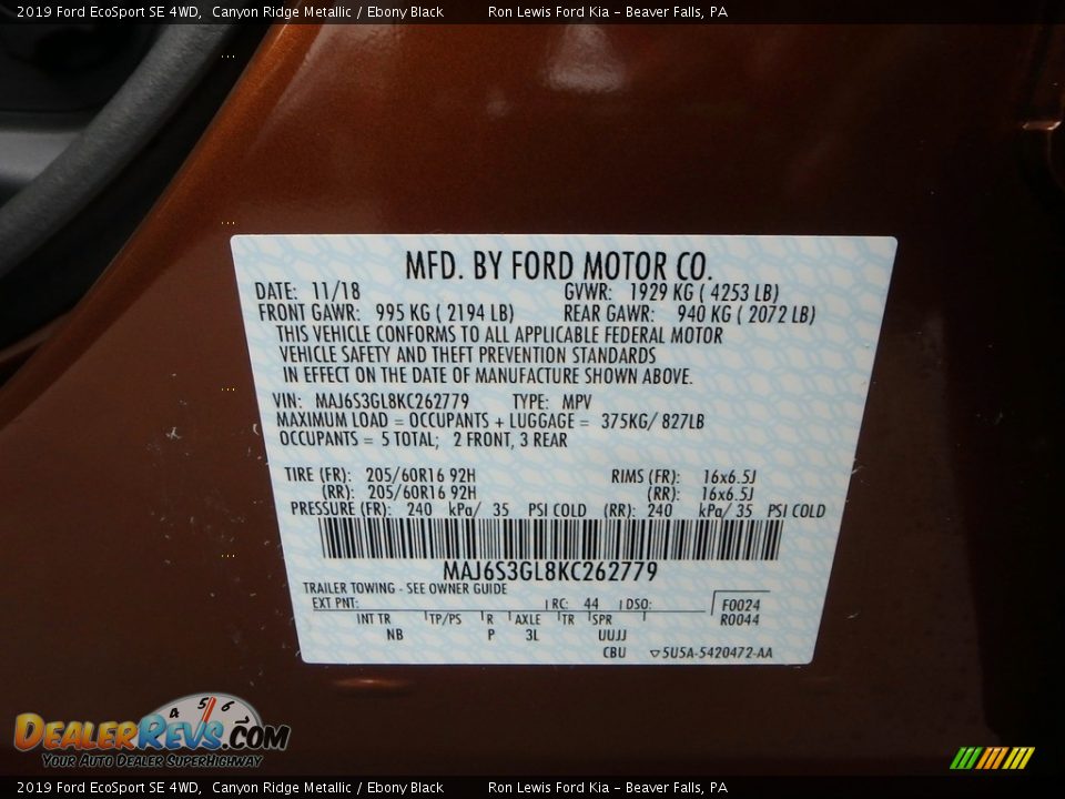 2019 Ford EcoSport SE 4WD Canyon Ridge Metallic / Ebony Black Photo #11